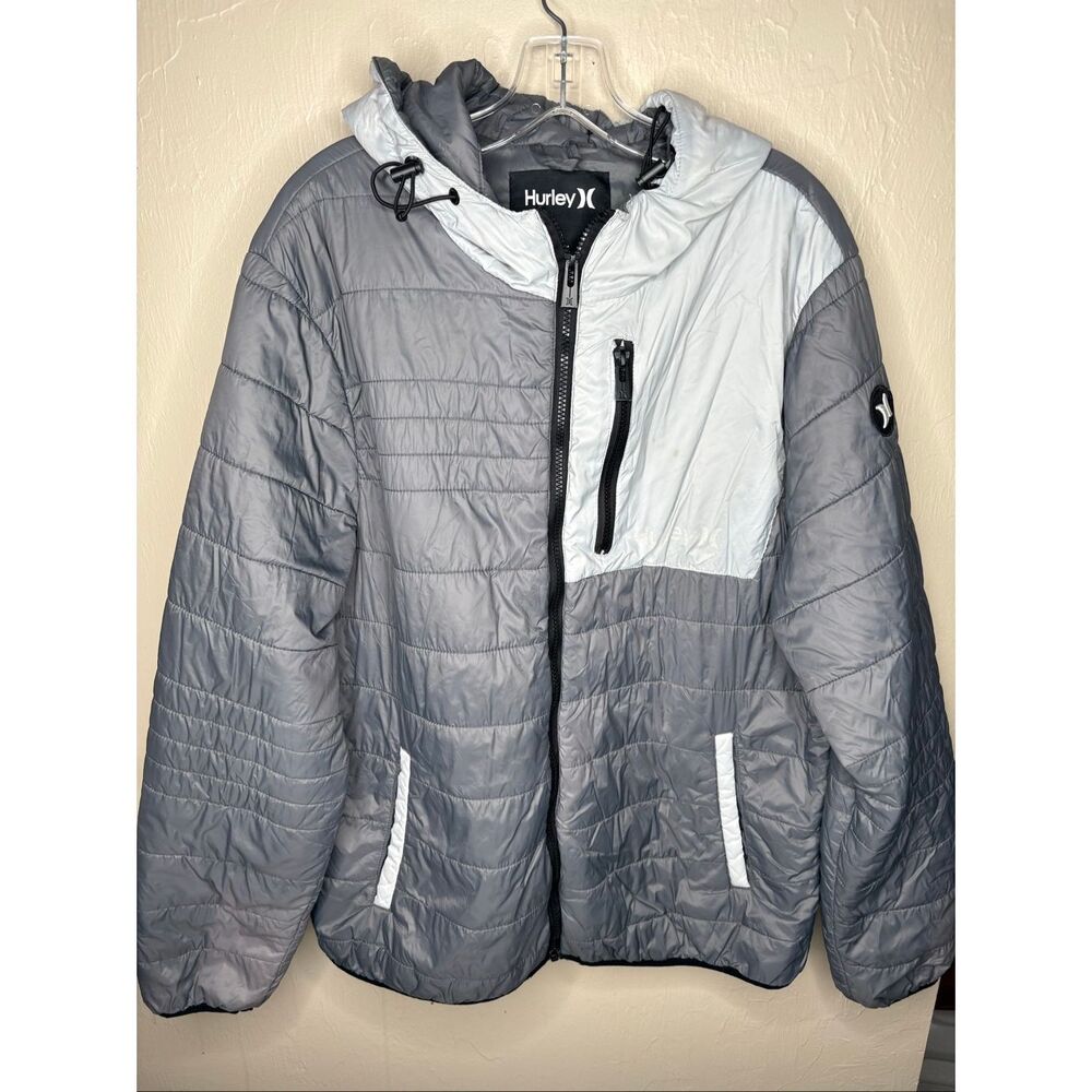 Hurley Gray Colorblock Hooded Puffer Jacket Men's Full Zip Insulated X-Large-134